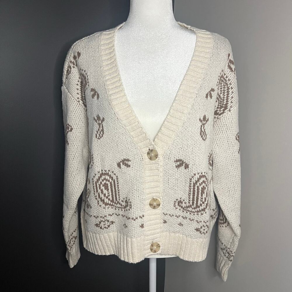 NWT American Eagle Woman’s Cream‎ Brown Cropped Bandana Print Cardigan- Size L